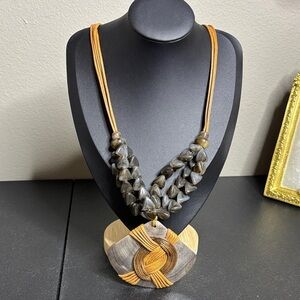 Artisan Mother of Pearl Brown and Gold Statement Leather Boho Necklace